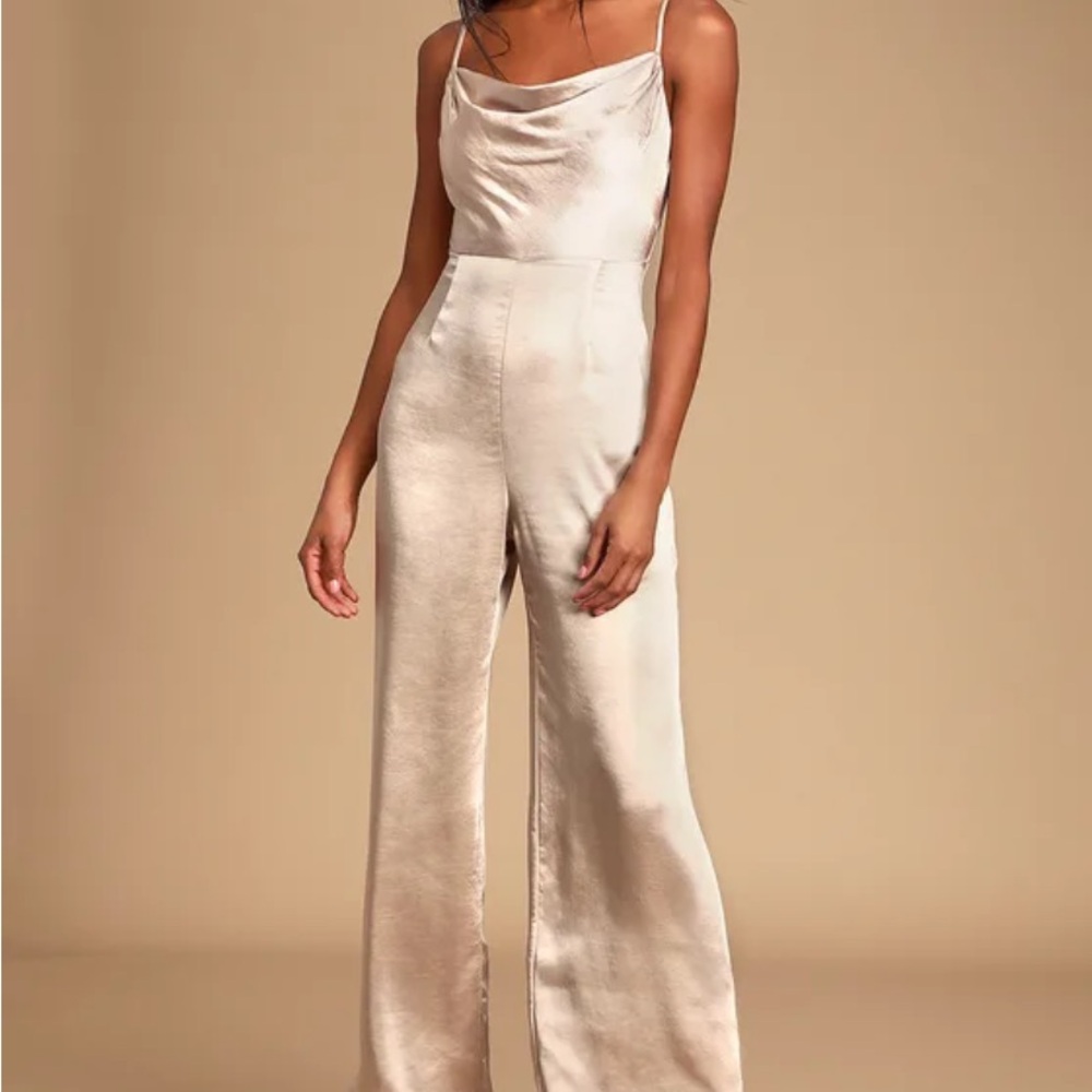 Lulu’s LUSH Perfect Night Champagne Satin Cowl Neck Culotte Jumpsuit